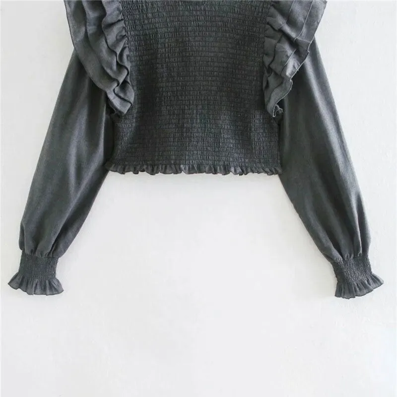 RUFFLE TRIMS SMOCKED CROPPED BLOUSE