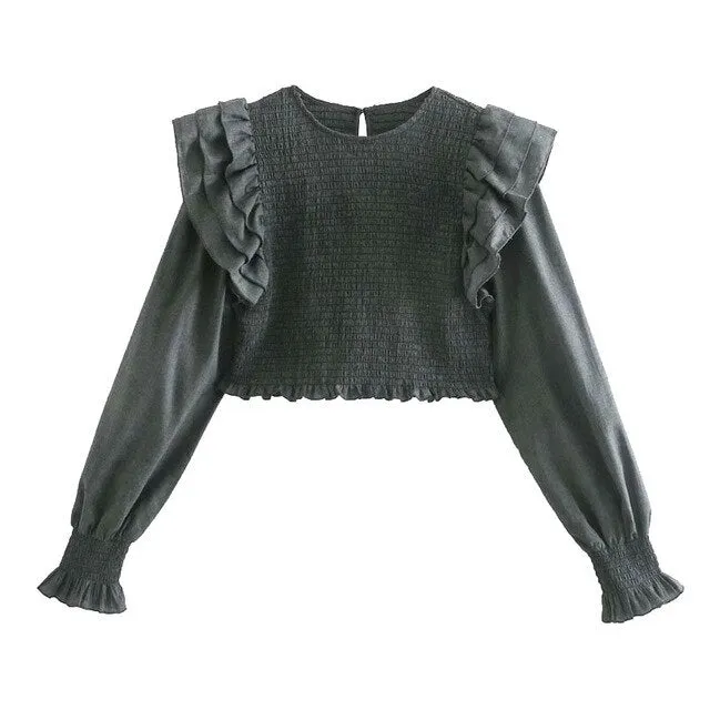 RUFFLE TRIMS SMOCKED CROPPED BLOUSE