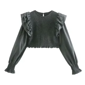 RUFFLE TRIMS SMOCKED CROPPED BLOUSE