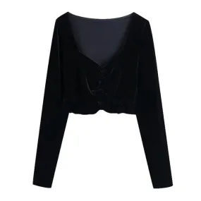 RUFFLED CROPPED VELVET BLOUSE