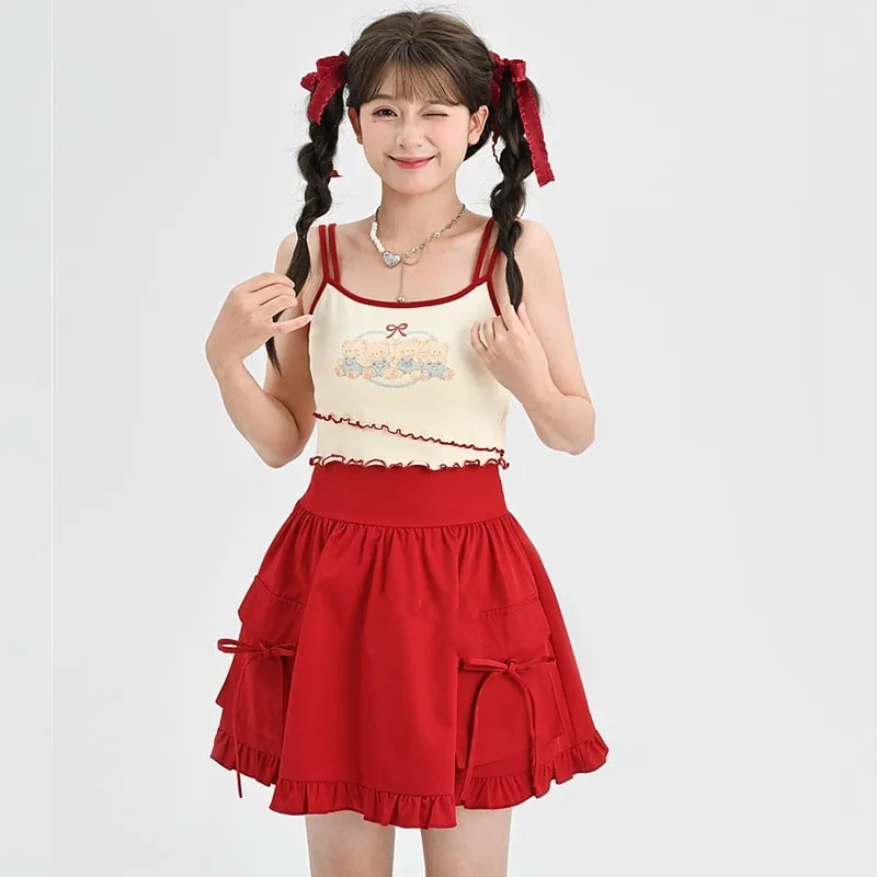 Summer Sweet Girl Style Bow Red Cake Skirt