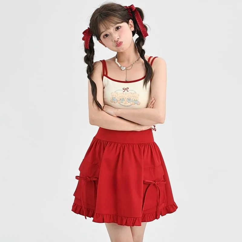 Summer Sweet Girl Style Bow Red Cake Skirt
