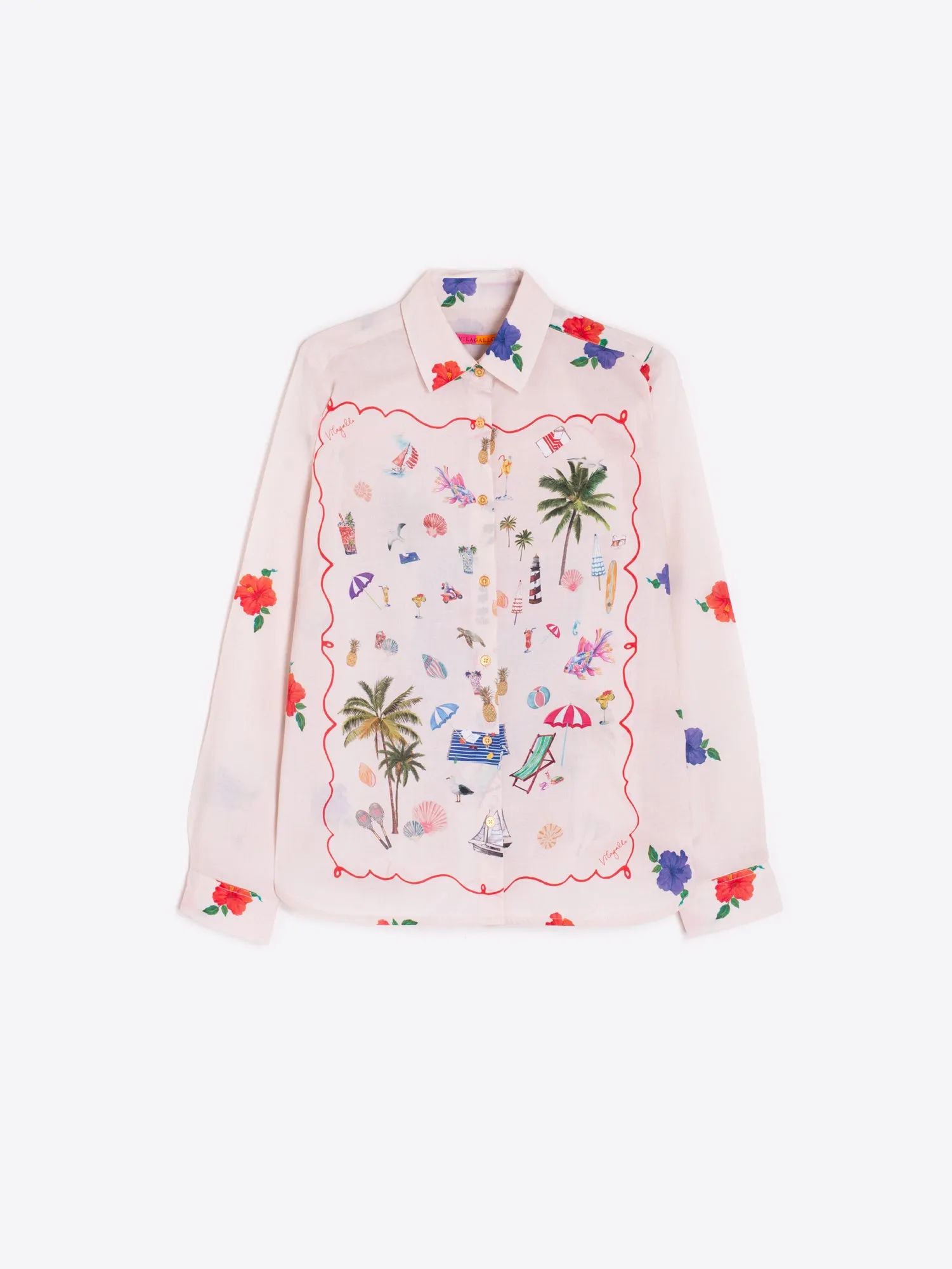 Vilagallo Cream Holiday Island Print Silky Shirt