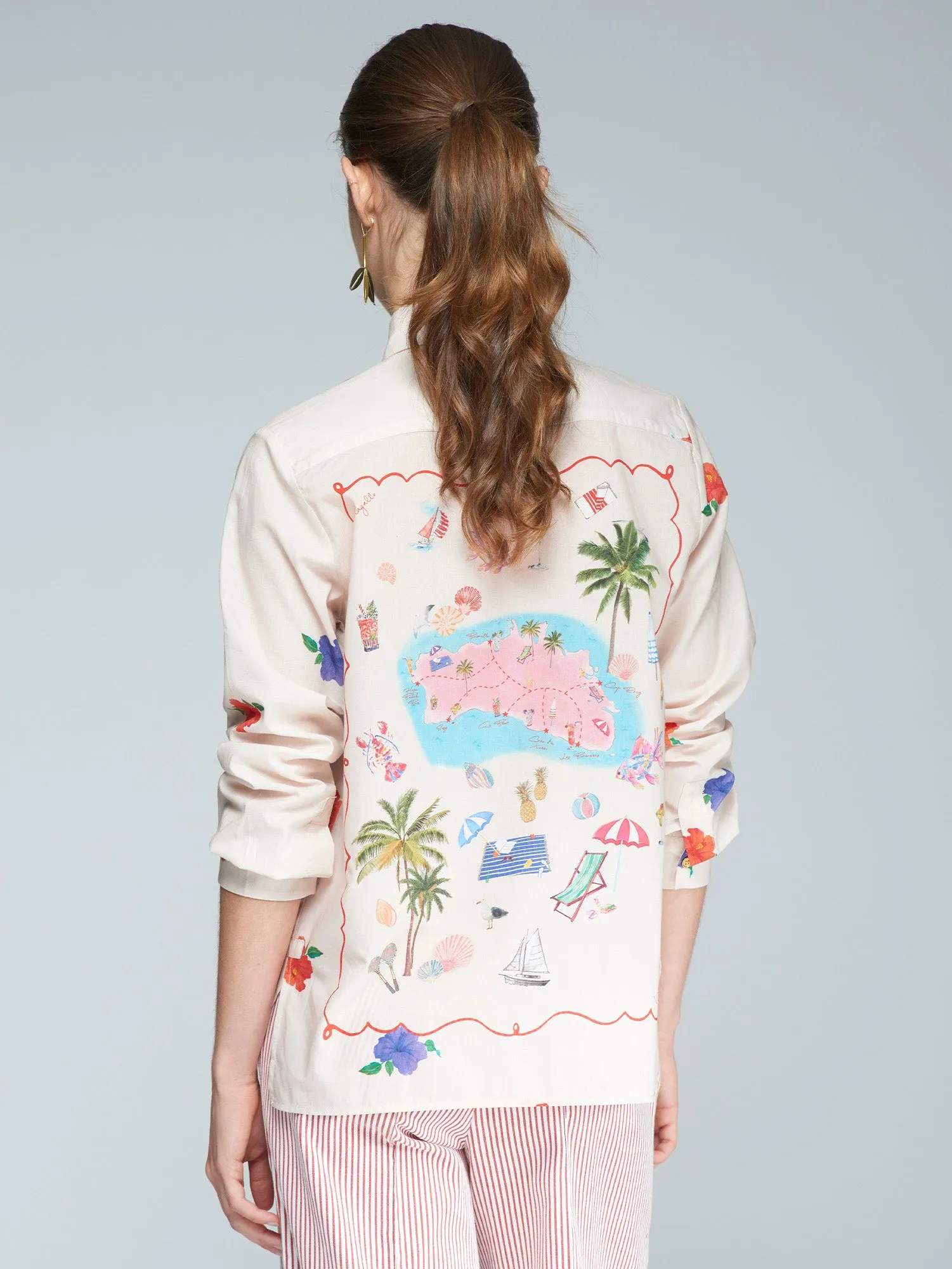 Vilagallo Cream Holiday Island Print Silky Shirt