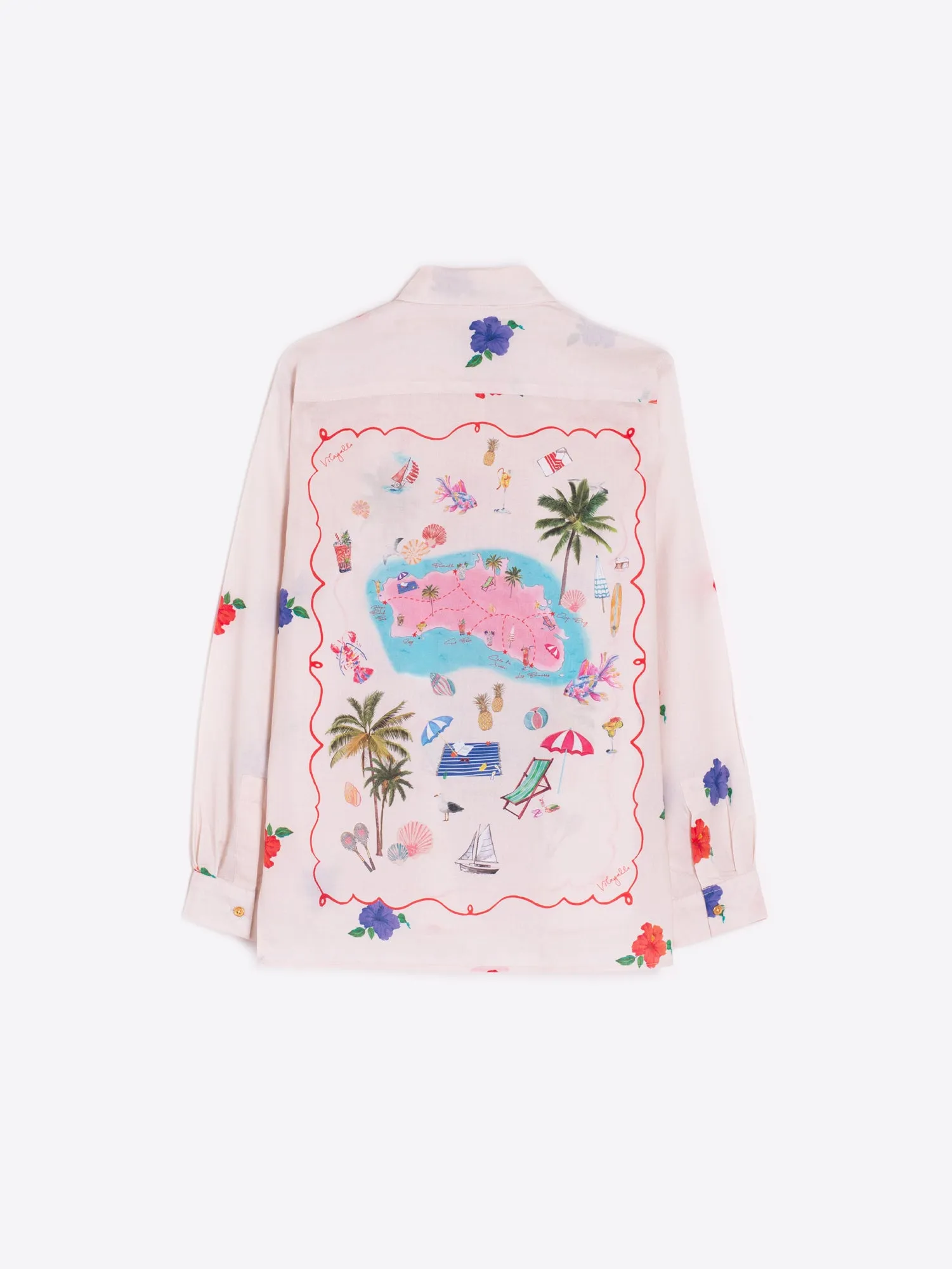 Vilagallo Cream Holiday Island Print Silky Shirt