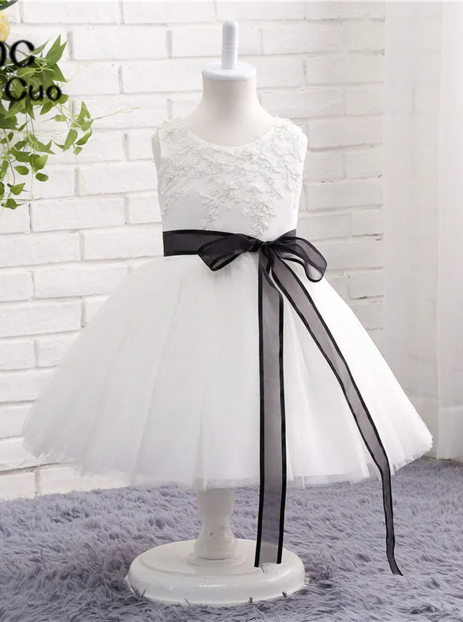 White Flower Girl Dresses,Short Flower Girl Dress,Flower Girl Dress with Sash,FD00046