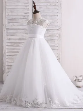 White Flower Girl Dress,First Communion Dress with Train,FD00127