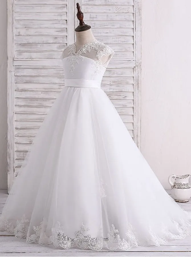 White Flower Girl Dress,First Communion Dress with Train,FD00127